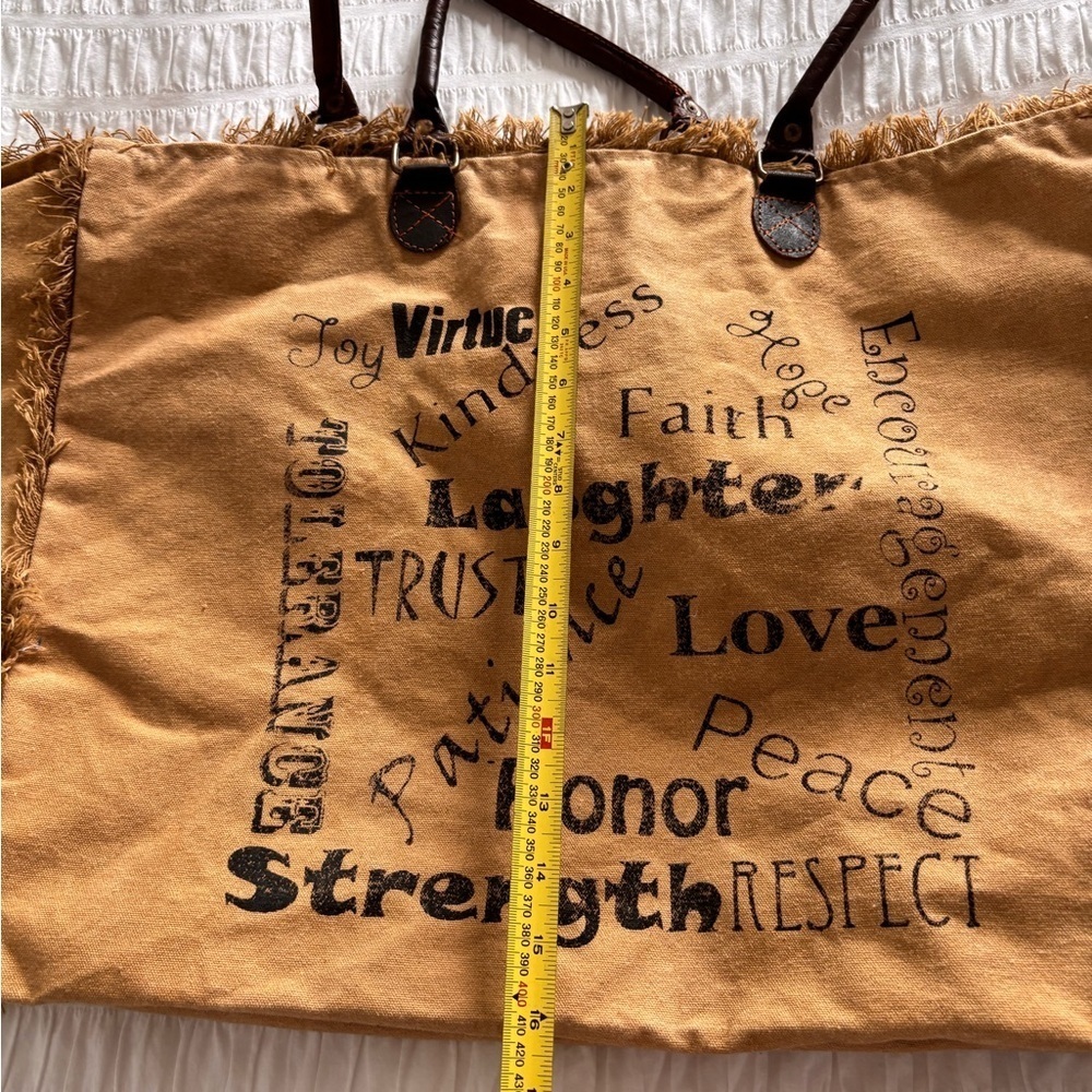 Vintage Addiction Recycled Canvas and Leather Tote Bag with Inspirational Text - Picture 2 of 7